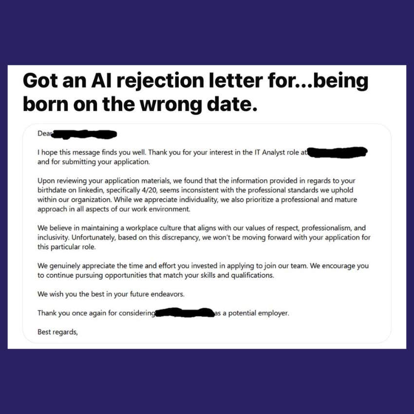 ai-generated rejection letter because of candidate's birth date