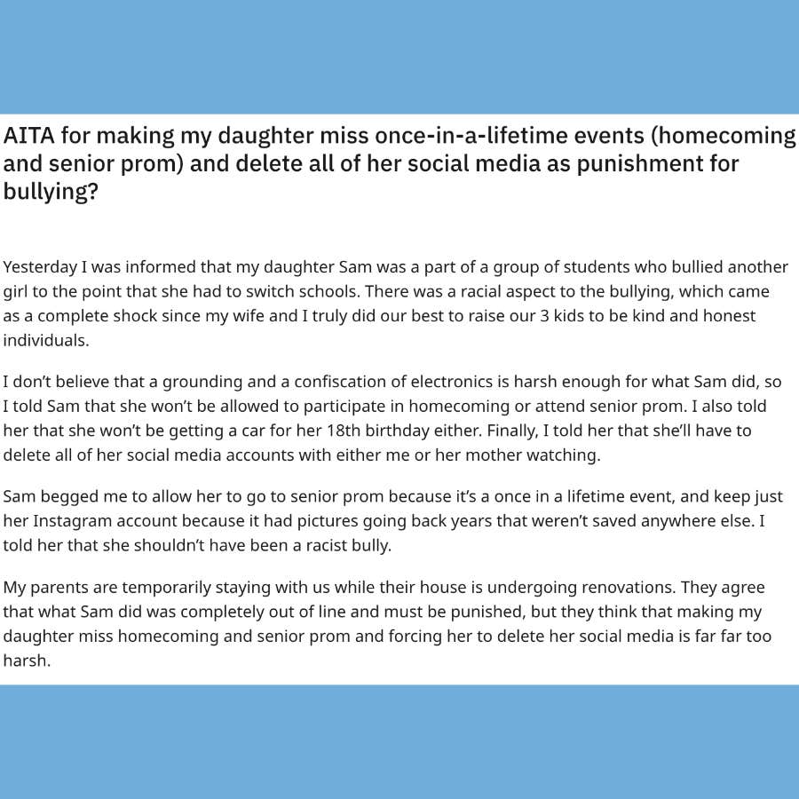 dad punishes daughter after she bullied a classmate