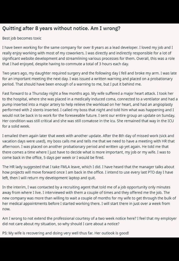 man quits job without notice after he's placed on probation