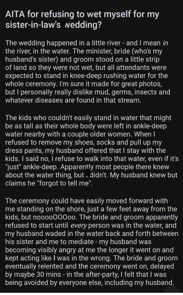 reddit post about guy who refused bride's bizarre demand he stand in a river at her wedding