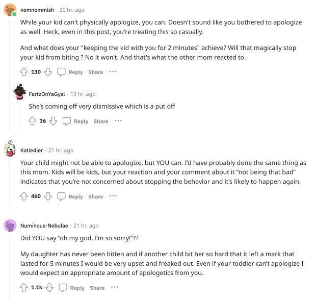 comments on mom who didn't discipline toddler for biting