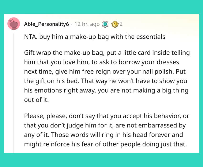 advice for woman wondering how to talk to her queer brother after catching him dressing in her clothes and makeup