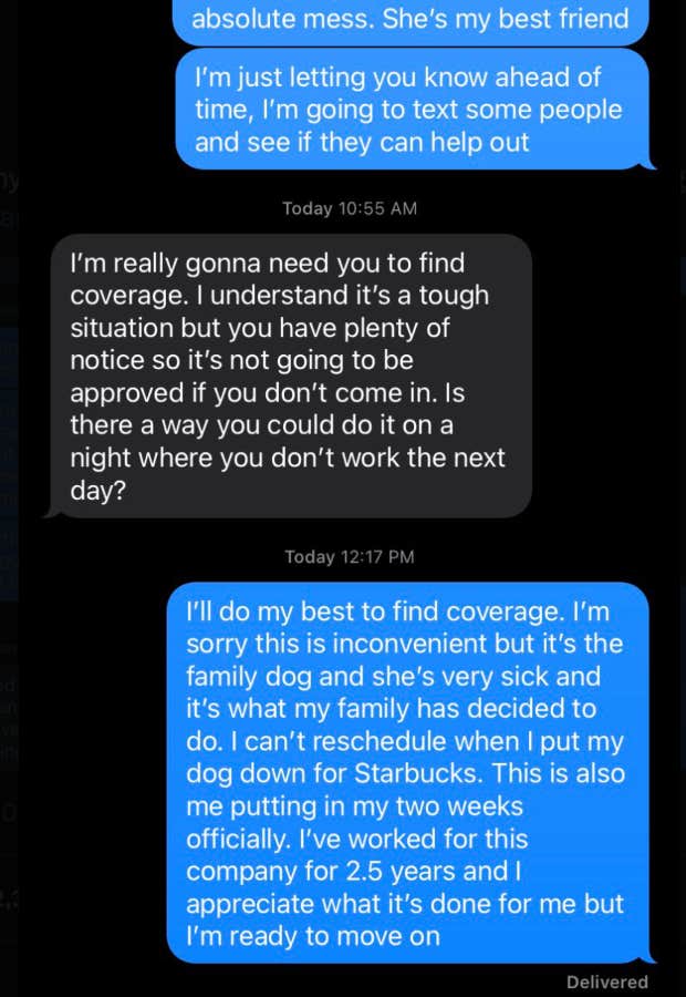 starbucks supervisor tells employee to reschedule putting her dog down so she doesn't miss her shift