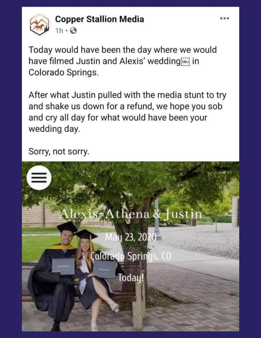 screenshot of message from wedding videographer who refused to give a refund mocking bride's death