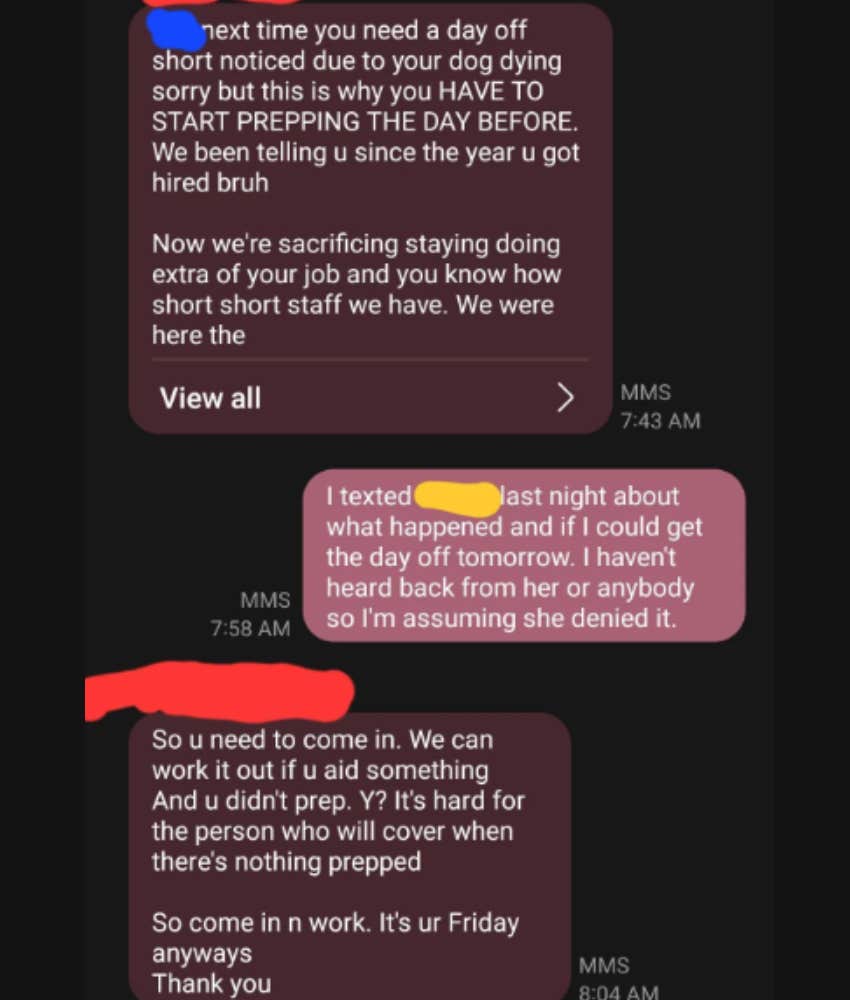 Employee Told They Should Have Prepped Earlier After Asking For The Day Off When Their Dog Died