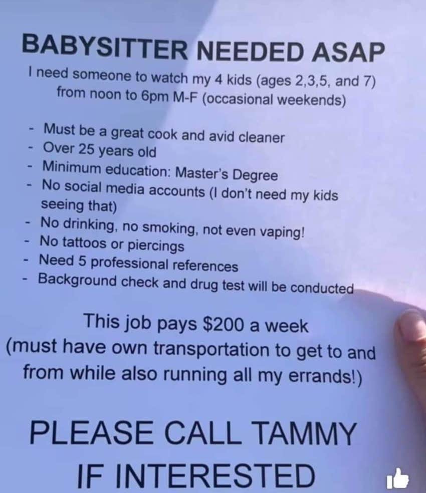 Mom's Requirements For Potential Babysitters Labelled As Unreasonable