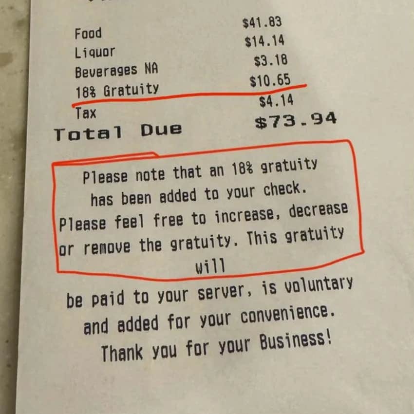Customer Removes 18% Gratuity That Was Automatically Added To Their Restaurant Bill